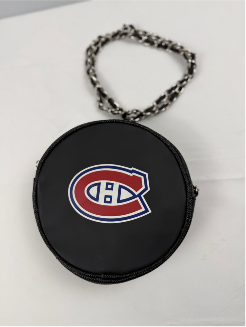 Montreal Canadiens NHL Hockey Puck Round Crossbody Bag by Sara Black and Red